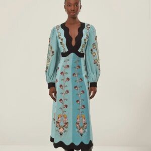 Blue Flowing Beauty Embroidered Long Sleeve Midi Dress